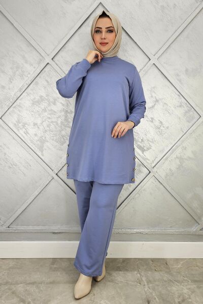 KADIN DÜĞME DETAYLI TESETTÜR TAKIM MAVİ - 2XL