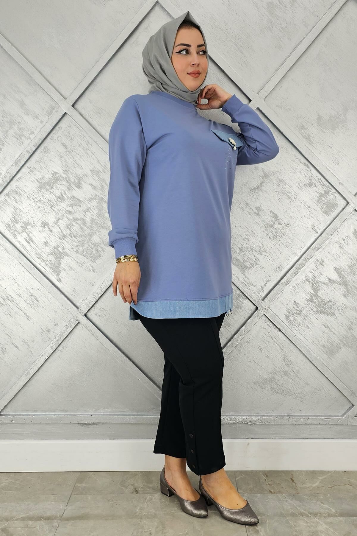 KADIN BROŞ VE KOMBİN DETAYLI TESETTÜR TUNİK MAVİ - 2XL