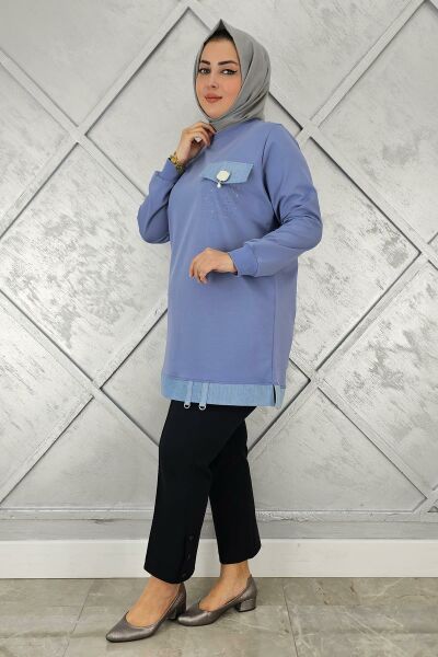 KADIN BROŞ VE KOMBİN DETAYLI TESETTÜR TUNİK MAVİ - 2XL