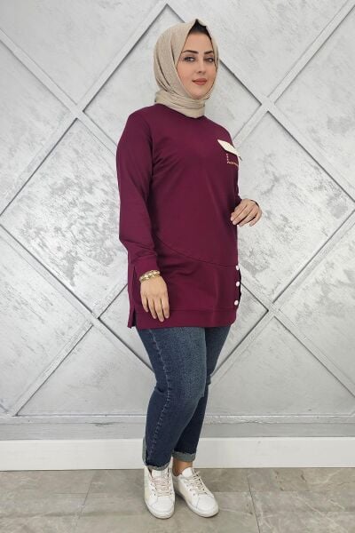 KADIN DÜĞME VE CEP GÖRÜNÜM DETAYLI TESETTÜR TUNİK BORDO - 2XL