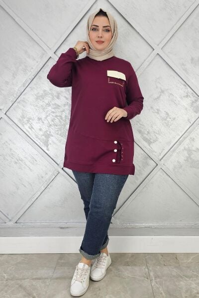 KADIN DÜĞME VE CEP GÖRÜNÜM DETAYLI TESETTÜR TUNİK BORDO - 2XL