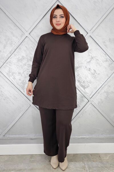 KADIN DÜĞME DETAYLI TESETTÜR TAKIM KAHVERENGİ - 2XL