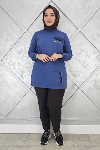 KADIN DÜĞME VE CEP GÖRÜNÜM DETAYLI TESETTÜR TUNİK İNDİGO - L