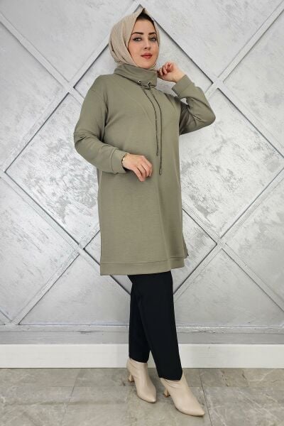 KADIN BAĞ İPİ DETAYLI TESETTÜR TUNİK HAKİ - 3 BEDEN