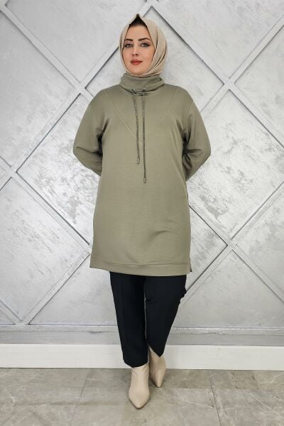 KADIN BAĞ İPİ DETAYLI TESETTÜR TUNİK HAKİ - 3 BEDEN