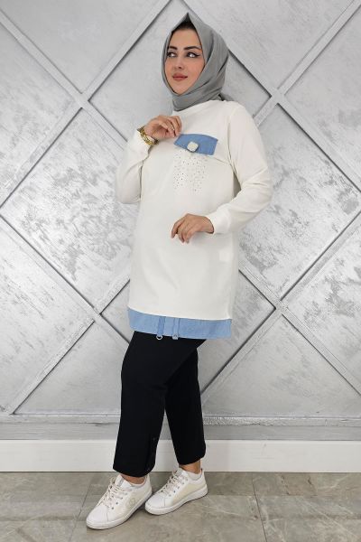 KADIN BROŞ VE KOMBİN DETAYLI TESETTÜR TUNİK EKRU - 3XL