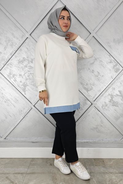 KADIN BROŞ VE KOMBİN DETAYLI TESETTÜR TUNİK EKRU - 3XL