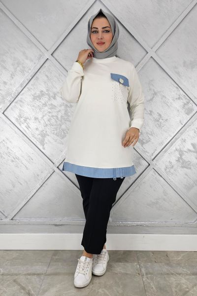 KADIN BROŞ VE KOMBİN DETAYLI TESETTÜR TUNİK EKRU - 3XL