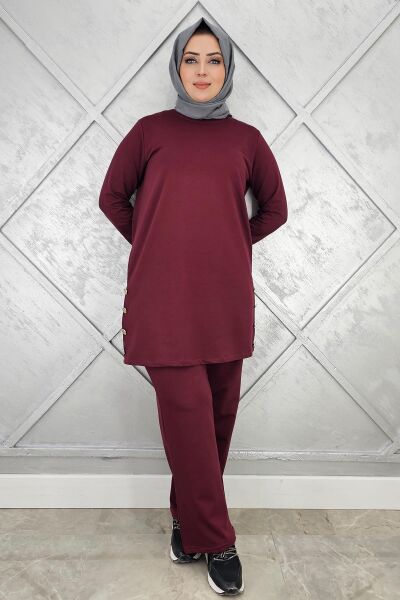 KADIN DÜĞME DETAYLI TESETTÜR TAKIM BORDO - 3XL