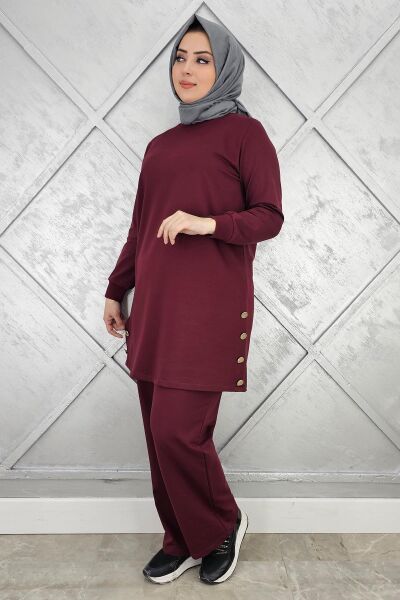 KADIN DÜĞME DETAYLI TESETTÜR TAKIM BORDO - 3XL