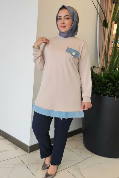 KADIN BROŞ VE KOMBİN DETAYLI TESETTÜR TUNİK BEJ - L