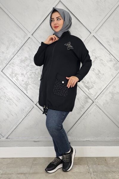 KADIN DİKME VE TAŞ DETAYLI TESETTÜR GİY ÇIK SİYAH - 4 BEDEN