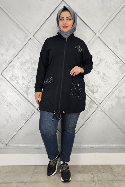 KADIN DİKME VE TAŞ DETAYLI TESETTÜR GİY ÇIK SİYAH - 4 BEDEN