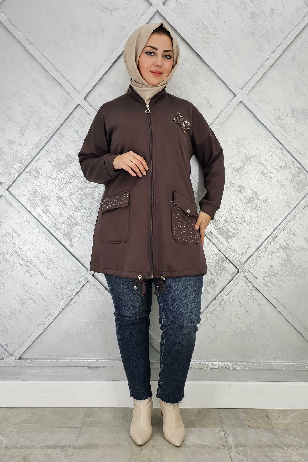 KADIN DİKME VE TAŞ DETAYLI TESETTÜR GİY ÇIK KAHVERENGİ - 3 BEDEN