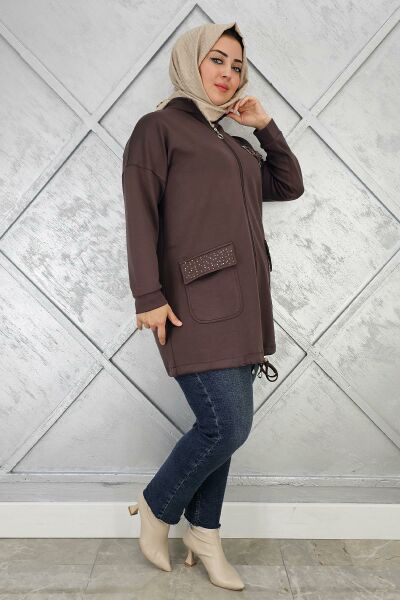 KADIN DİKME VE TAŞ DETAYLI TESETTÜR GİY ÇIK KAHVERENGİ - 3 BEDEN