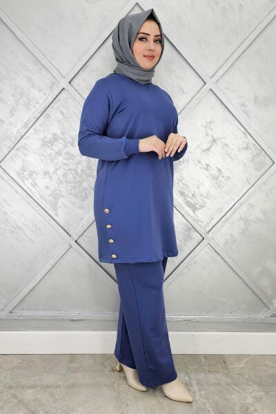 KADIN DÜĞME DETAYLI TESETTÜR TAKIM İNDİGO - XL