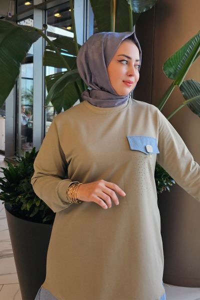 KADIN BROŞ VE KOMBİN DETAYLI TESETTÜR TUNİK HAKİ - 3XL