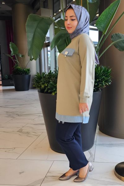 KADIN BROŞ VE KOMBİN DETAYLI TESETTÜR TUNİK HAKİ - 3XL