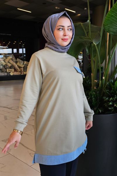 KADIN BROŞ VE KOMBİN DETAYLI TESETTÜR TUNİK HAKİ - 3XL