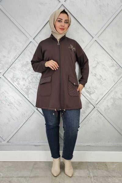 KADIN DİKME VE TAŞ DETAYLI TESETTÜR GİY ÇIK KAHVERENGİ - 4 BEDEN