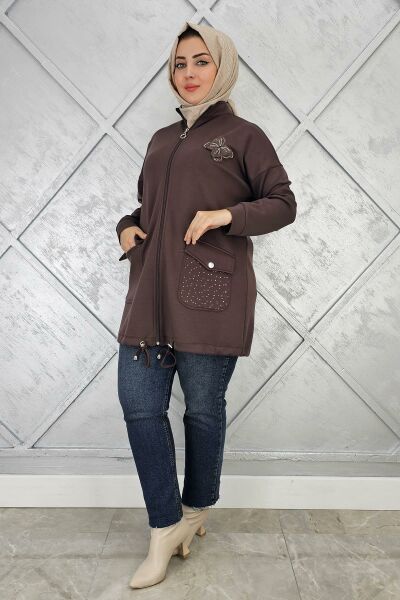 KADIN DİKME VE TAŞ DETAYLI TESETTÜR GİY ÇIK KAHVERENGİ - 4 BEDEN