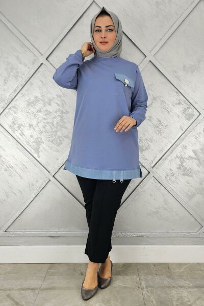 KADIN BROŞ VE KOMBİN DETAYLI TESETTÜR TUNİK MAVİ - 3XL