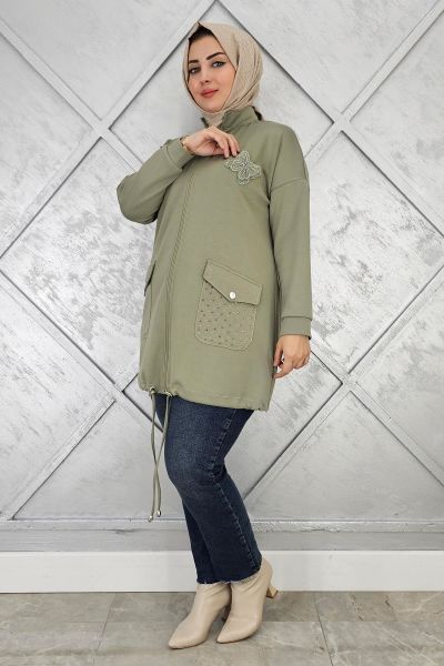 KADIN DİKME VE TAŞ DETAYLI TESETTÜR GİY ÇIK HAKİ - 2 BEDEN