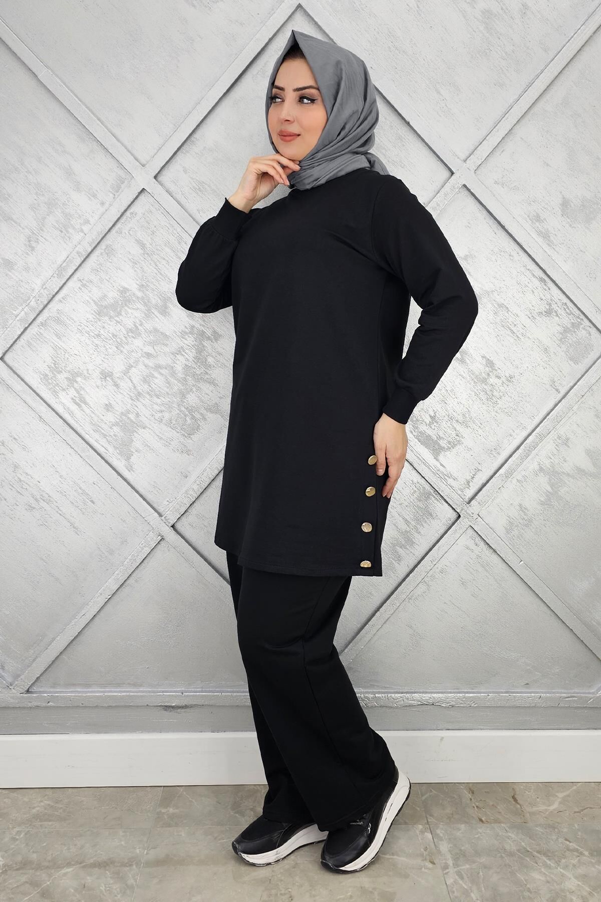 KADIN DÜĞME DETAYLI TESETTÜR TAKIM SİYAH - L