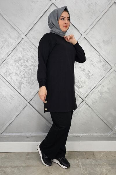 KADIN DÜĞME DETAYLI TESETTÜR TAKIM SİYAH - L