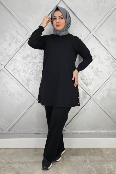 KADIN DÜĞME DETAYLI TESETTÜR TAKIM SİYAH - L