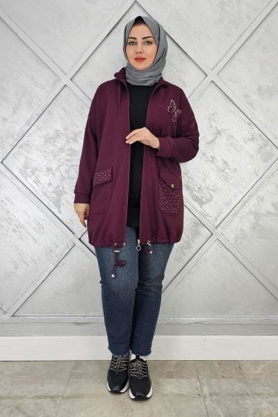 KADIN DİKME VE TAŞ DETAYLI TESETTÜR GİY ÇIK BORDO - 5 BEDEN