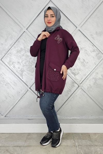KADIN DİKME VE TAŞ DETAYLI TESETTÜR GİY ÇIK BORDO - 5 BEDEN
