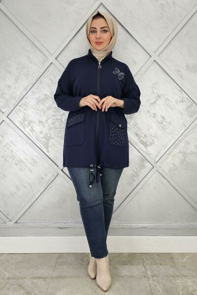 KADIN DİKME VE TAŞ DETAYLI TESETTÜR GİY ÇIK LACİVERT - 4 BEDEN