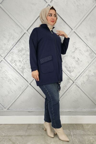 KADIN DİKME VE TAŞ DETAYLI TESETTÜR GİY ÇIK LACİVERT - 4 BEDEN