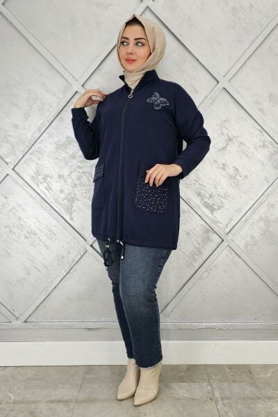 KADIN DİKME VE TAŞ DETAYLI TESETTÜR GİY ÇIK LACİVERT - 4 BEDEN
