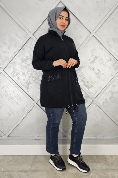 KADIN DİKME VE TAŞ DETAYLI TESETTÜR GİY ÇIK SİYAH - 5 BEDEN