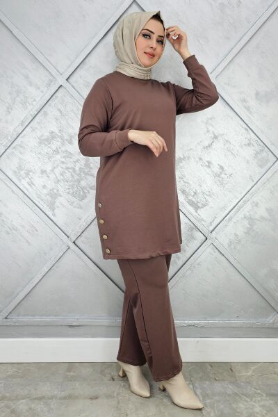 KADIN DÜĞME DETAYLI TESETTÜR TAKIM VİZON - XL