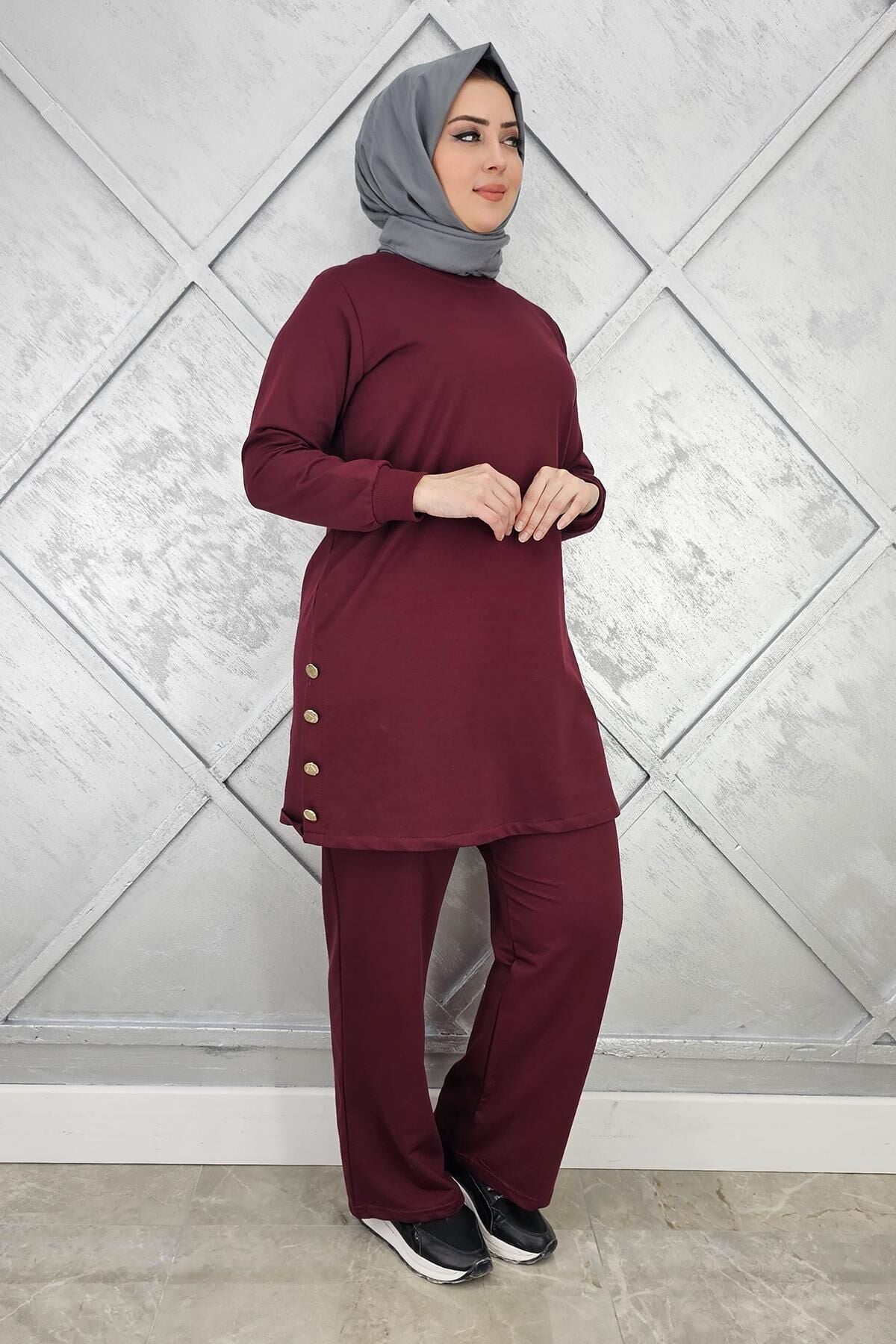 KADIN DÜĞME DETAYLI TESETTÜR TAKIM BORDO - 2XL