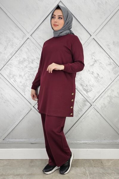KADIN DÜĞME DETAYLI TESETTÜR TAKIM BORDO - 2XL