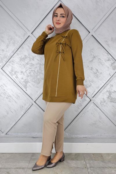 KADIN DÜĞME TAŞ DETAYLI BİYELİ TESETTÜR TUNİK YAĞ YEŞİLİ - TOPTAN