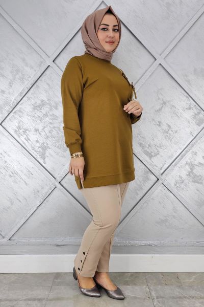KADIN DÜĞME TAŞ DETAYLI BİYELİ TESETTÜR TUNİK YAĞ YEŞİLİ - TOPTAN