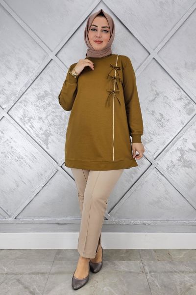 KADIN DÜĞME TAŞ DETAYLI BİYELİ TESETTÜR TUNİK YAĞ YEŞİLİ - TOPTAN