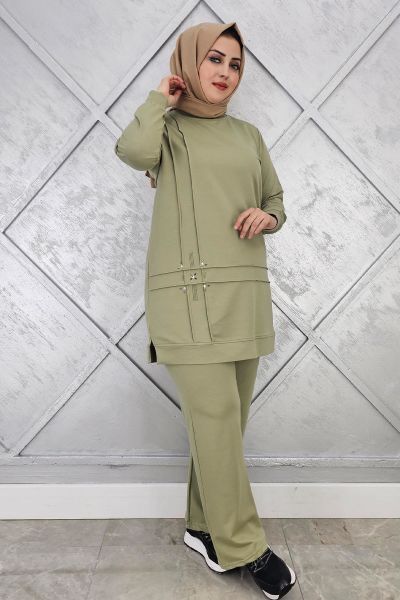 KADIN TAŞ DETAYLI NERVÜR DİKİM TESETTÜR TAKIM MİNT YEŞİLİ - 3XL