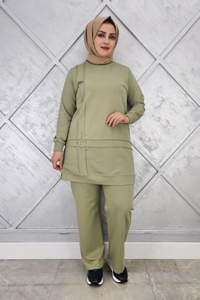 KADIN TAŞ DETAYLI NERVÜR DİKİM TESETTÜR TAKIM MİNT YEŞİLİ - 3XL