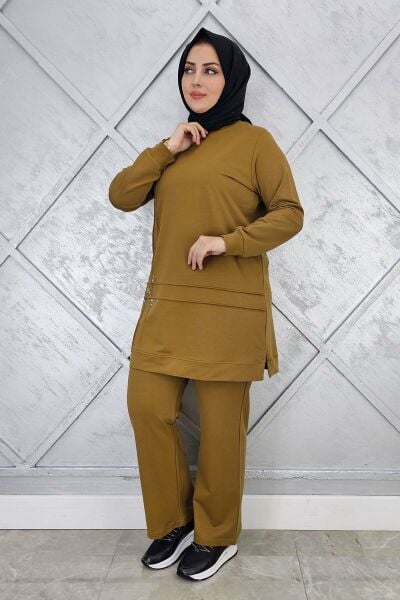KADIN TAŞ DETAYLI NERVÜR DİKİM TESETTÜR TAKIM YAĞ YEŞİLİ - L