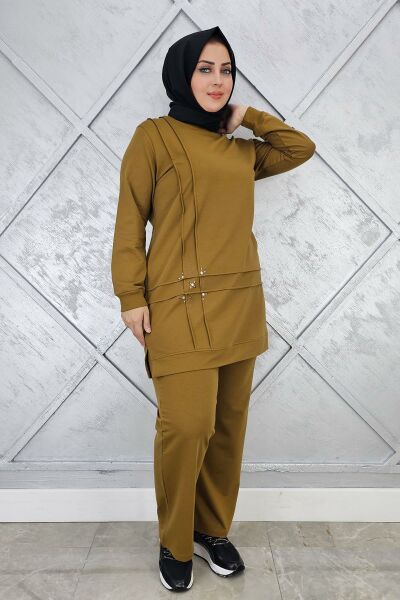KADIN TAŞ DETAYLI NERVÜR DİKİM TESETTÜR TAKIM YAĞ YEŞİLİ - L
