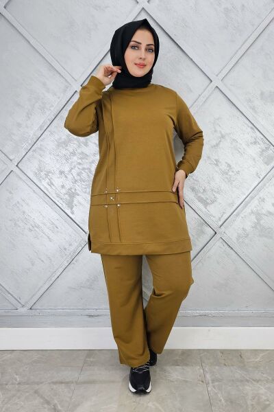 KADIN TAŞ DETAYLI NERVÜR DİKİM TESETTÜR TAKIM YAĞ YEŞİLİ - L