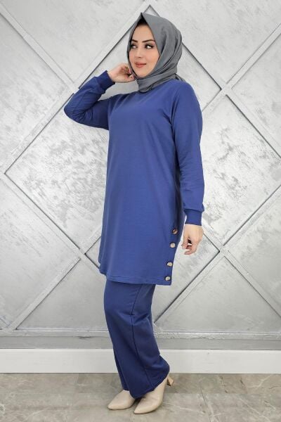 KADIN DÜĞME DETAYLI TESETTÜR TAKIM İNDİGO - L