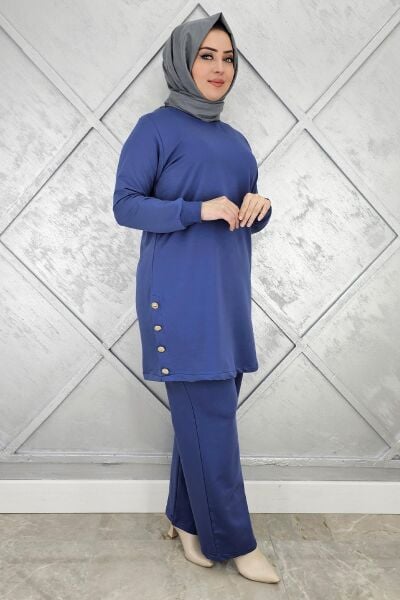 KADIN DÜĞME DETAYLI TESETTÜR TAKIM İNDİGO - L