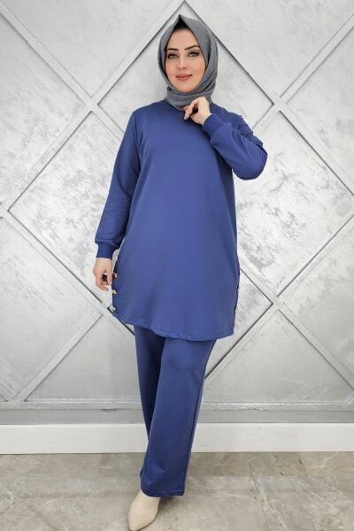 KADIN DÜĞME DETAYLI TESETTÜR TAKIM İNDİGO - L